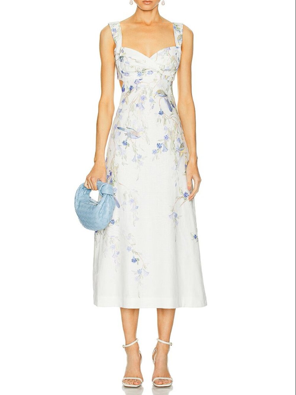 Zimmermann Blue Birds Natura White Linen Midi Dress with Cut-outs